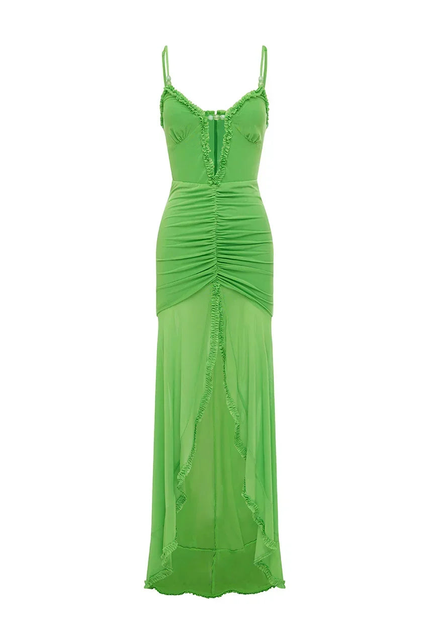 Mesh Ruched Keyhole Ruffle Trim High Split Maxi Dress 7