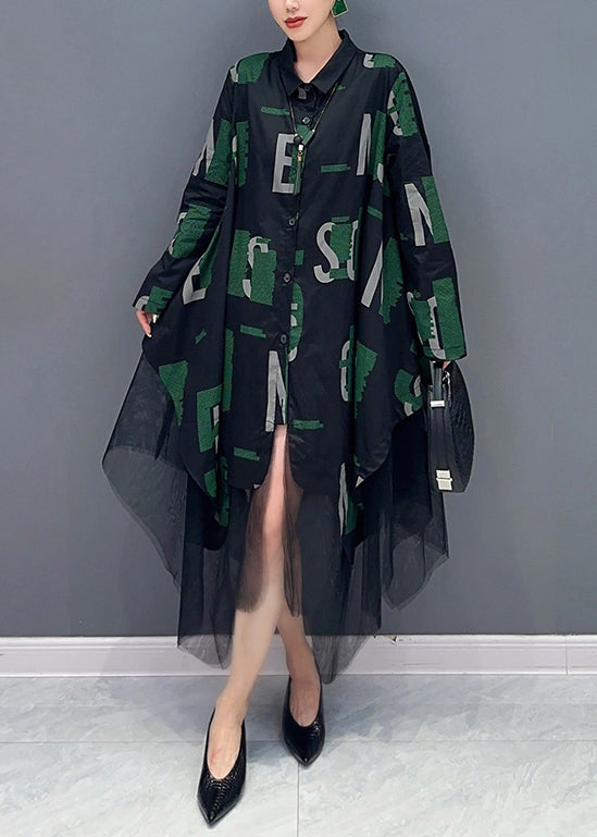 Letter Print Collared Button Down Long Sleeve Tulle Asymmetric Hem Shirt Dress