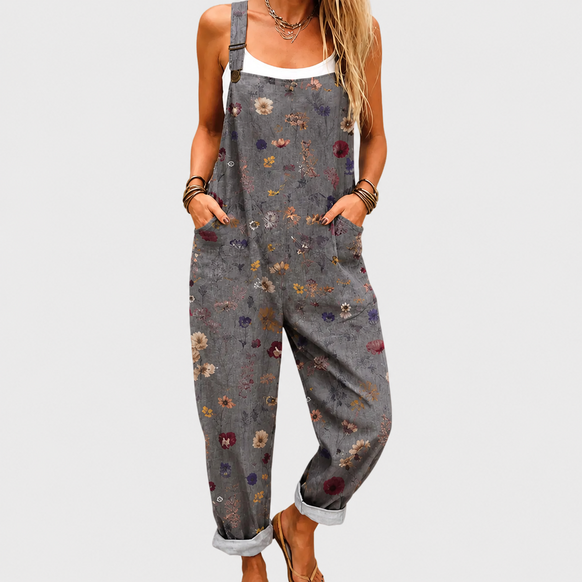 Wildflower Print Sleeveless Wide Leg Overall Jumpsuit