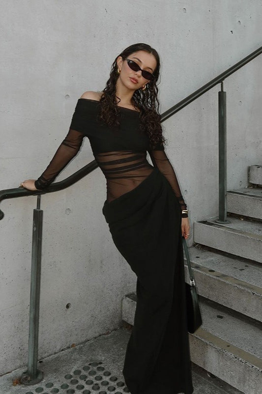 Off Shoulder Long Sleeve Sheer Mesh Ruched Bodycon Maxi Dress