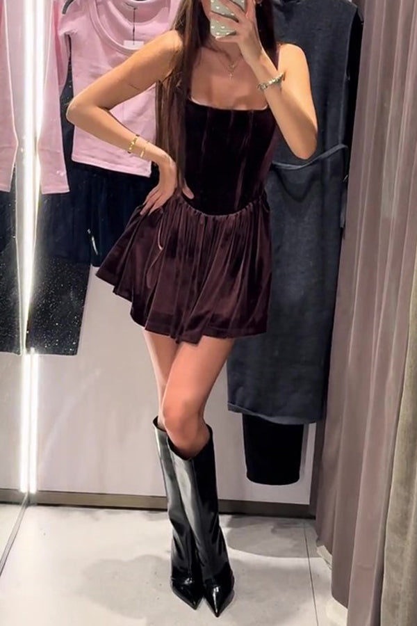 Solid Velvet Square Neck Slim Fit Mini Dress - View 8