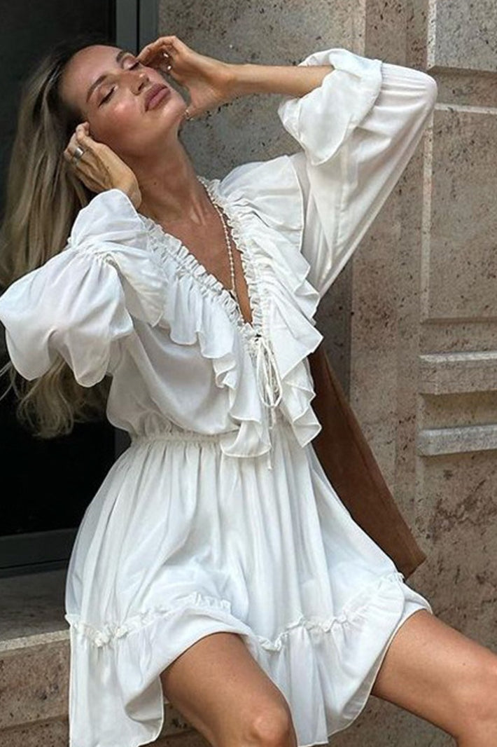 Chiffon V Neck Flared Sleeve Mini Dress - View 7