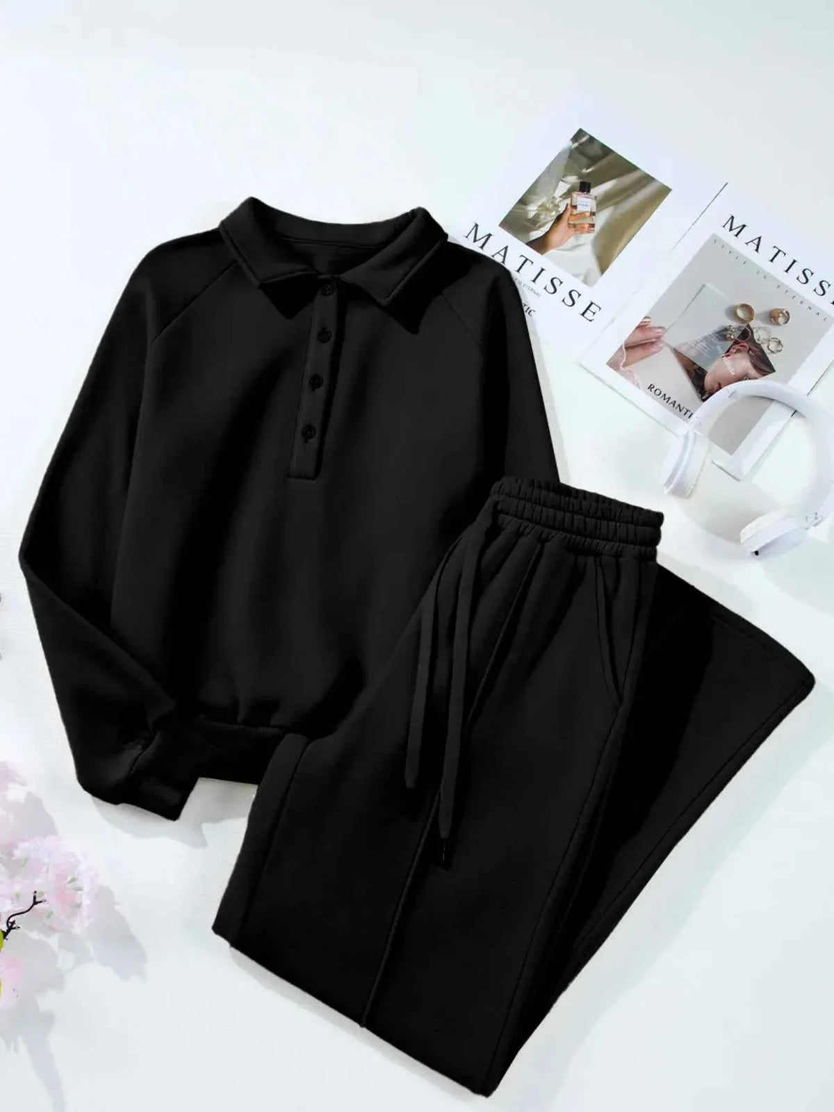 Collared Button Placket Sweatshirt and Seam Front Wide Leg Pants Two Piece Set 27