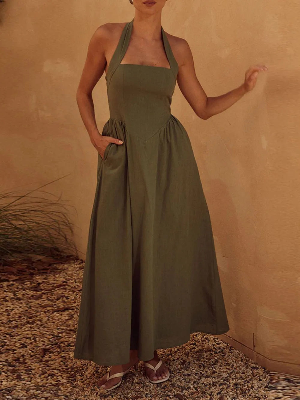 Square Neck Halter Fit and Flare Maxi Dress with Pockets