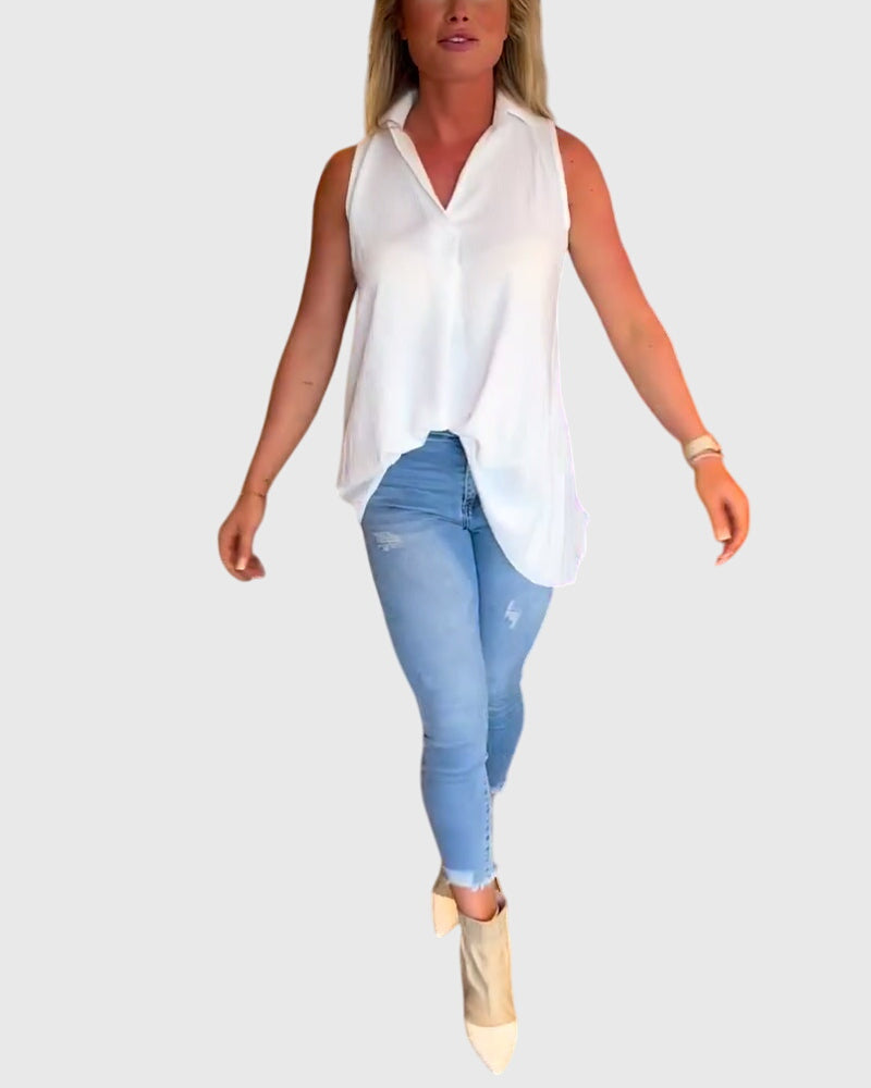 Collared Sleeveless High Low Blouse