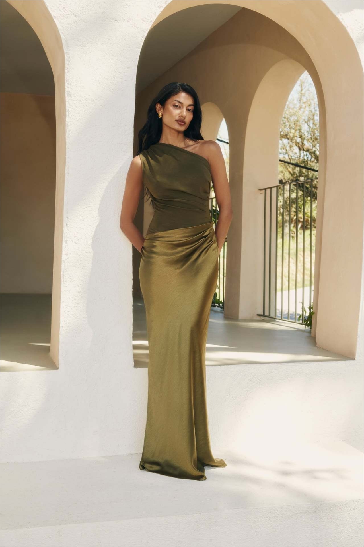 Satin One Shoulder Ruched Bodycon Maxi Dress