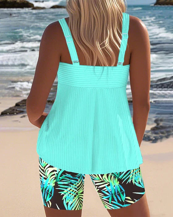 Ribbed Sweetheart Tankini Top and Tropical Print Shorts Swim Set