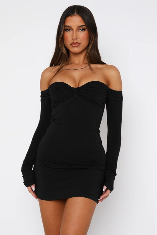 Off Shoulder Sweetheart Long Sleeve Twist Ruched Bodycon Mini Cocktail Dress