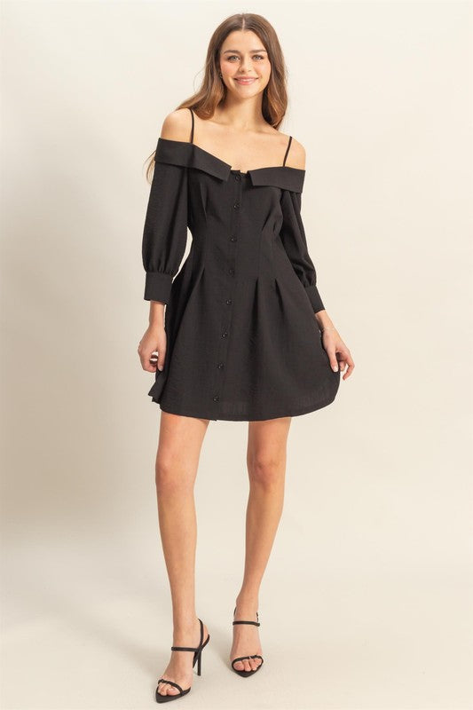 Off Shoulder Fold Over Collar Button Front Puff Sleeve Mini Dress 4