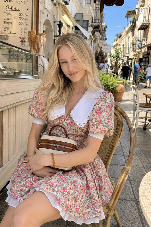 Doll Collar Puff Sleeve Mini Floral Dress