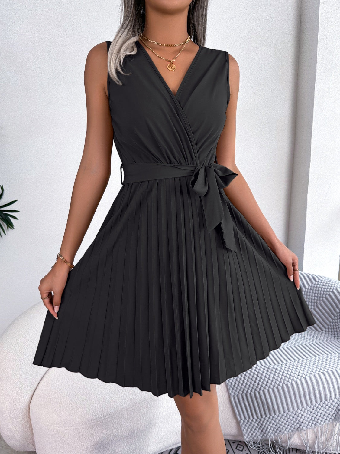 Tied Surplice Sleeveless Pleated Dress Black