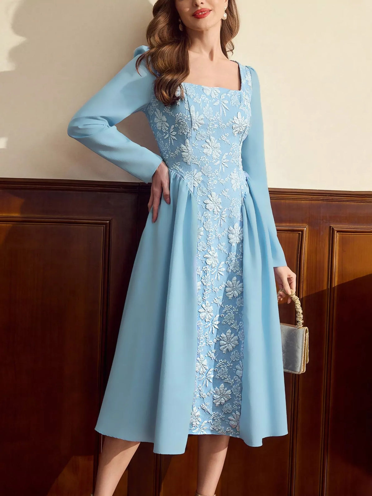 Floral Embroidered Panel Square Neck Long Sleeve A-Line Midi Dress 3