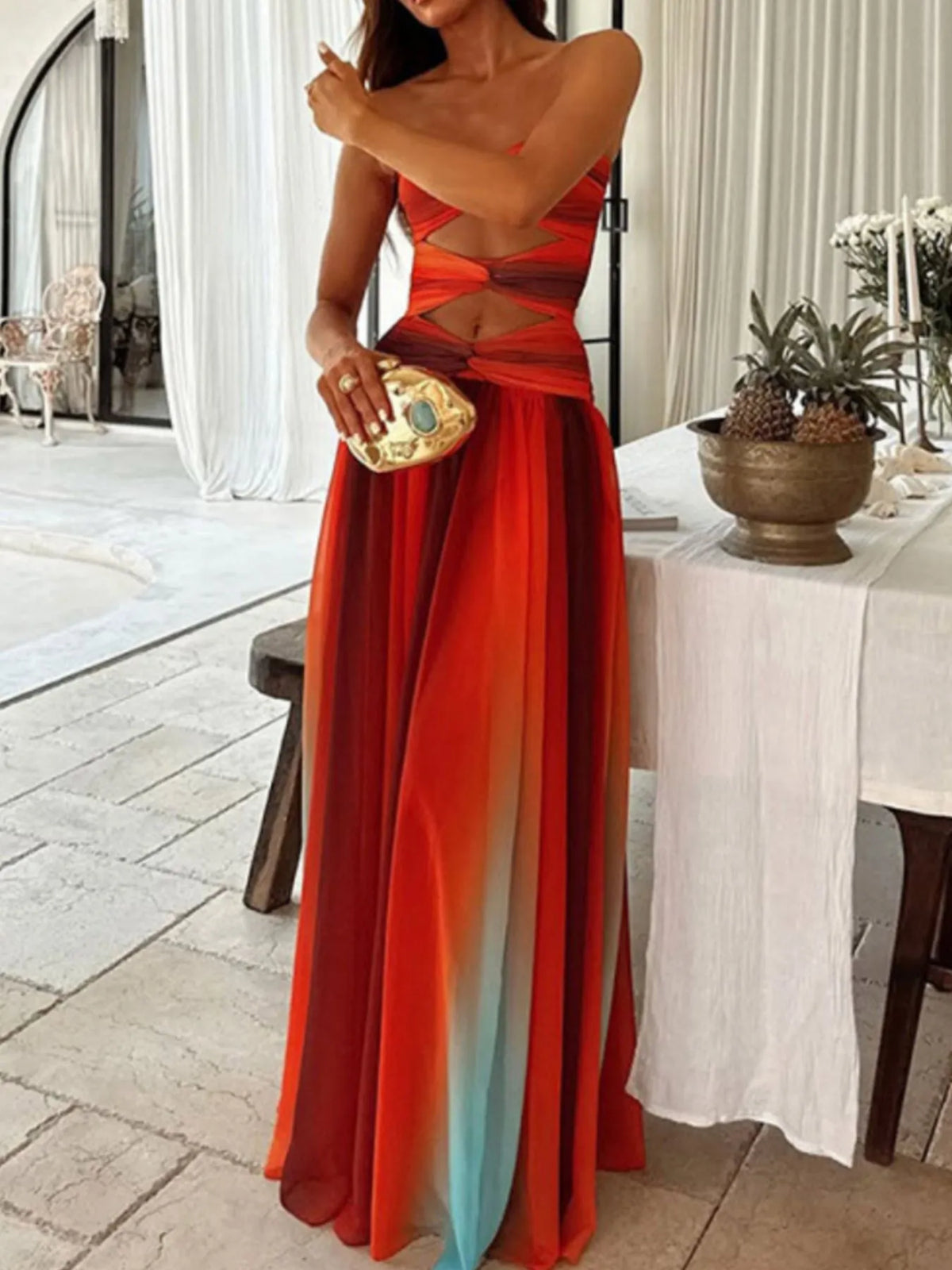Ombre Strapless Twist Front Cut Out Flowy Maxi Dress 2
