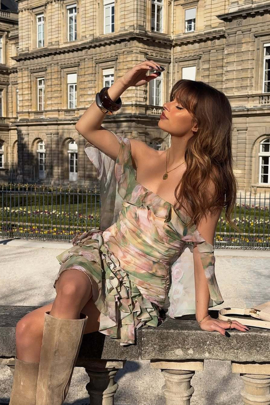 Chiffon Print Ruffle Cape Mini Dress - View 5