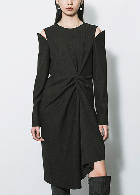 Long Sleeve Pointed Shoulder Cold Shoulder Twisted Drape Asymmetrical Midi Dress