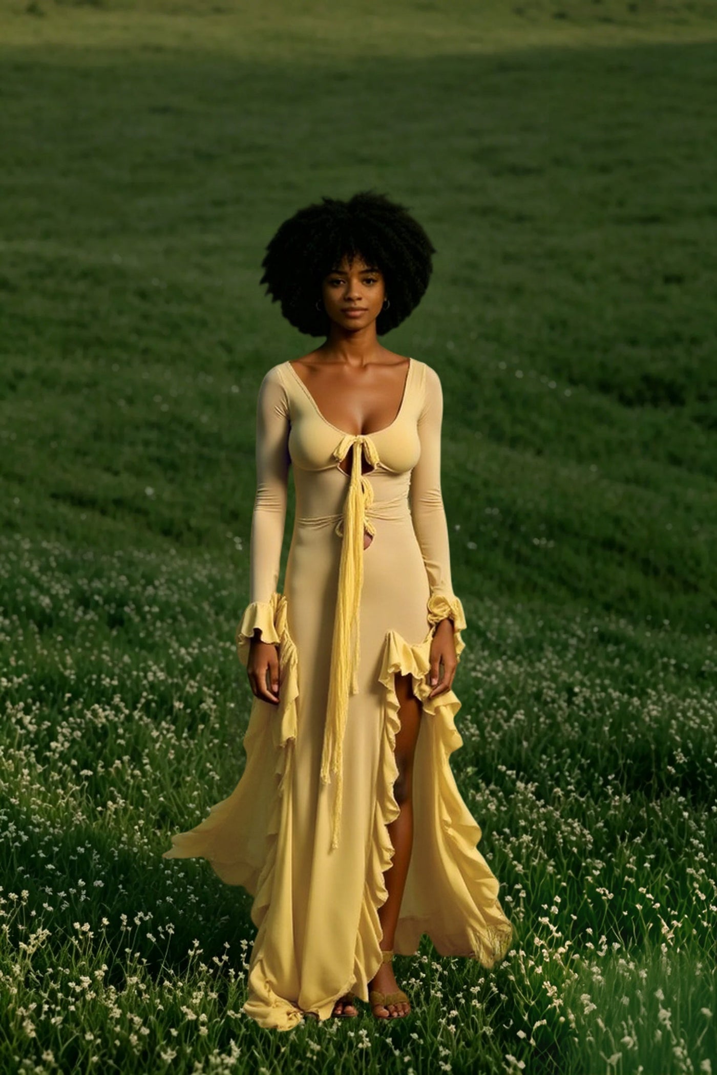 Ruffled Slit V-neck Maxi Dress