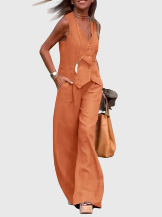 Sleeveless V-Neck Vest and Wide Leg Pants Two Piece Set