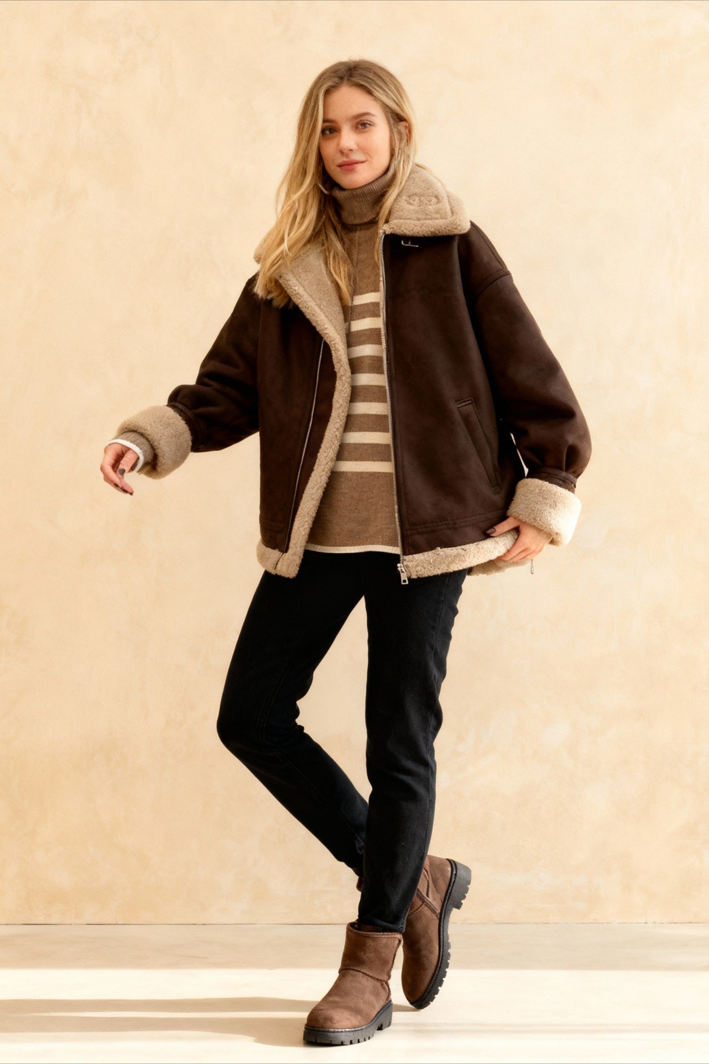 Vintage Oversized Suede Sherpa-Lined Coat