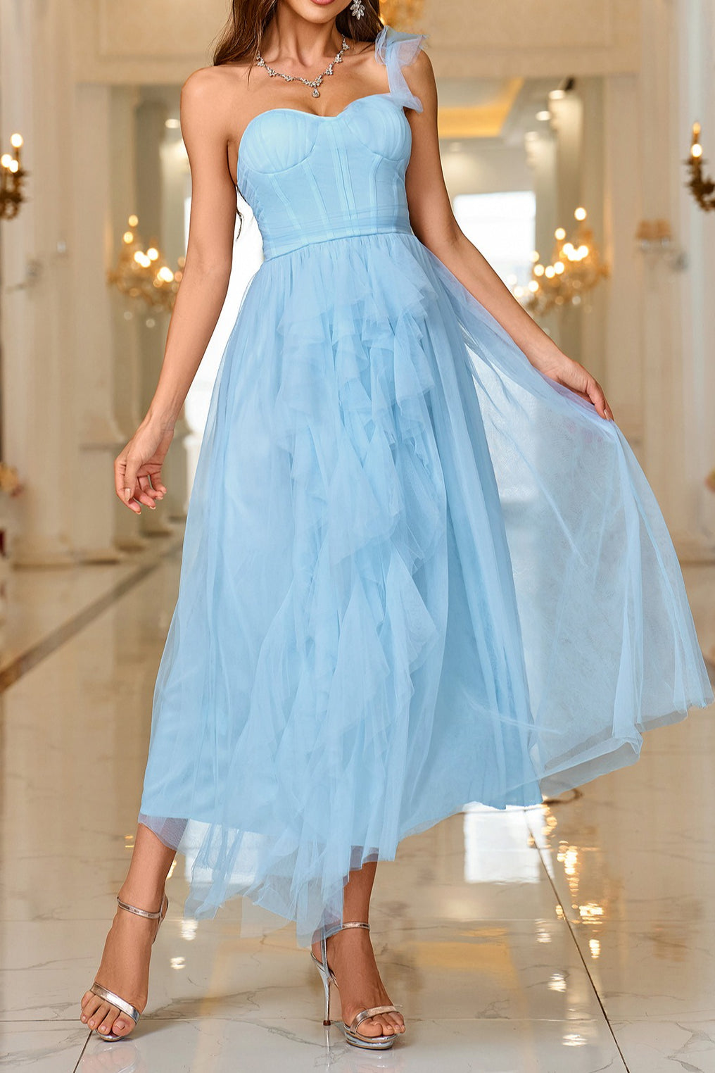 Corset Bustier One Shoulder Sweetheart Tulle Tiered Ruffle Cocktail Midi Dress