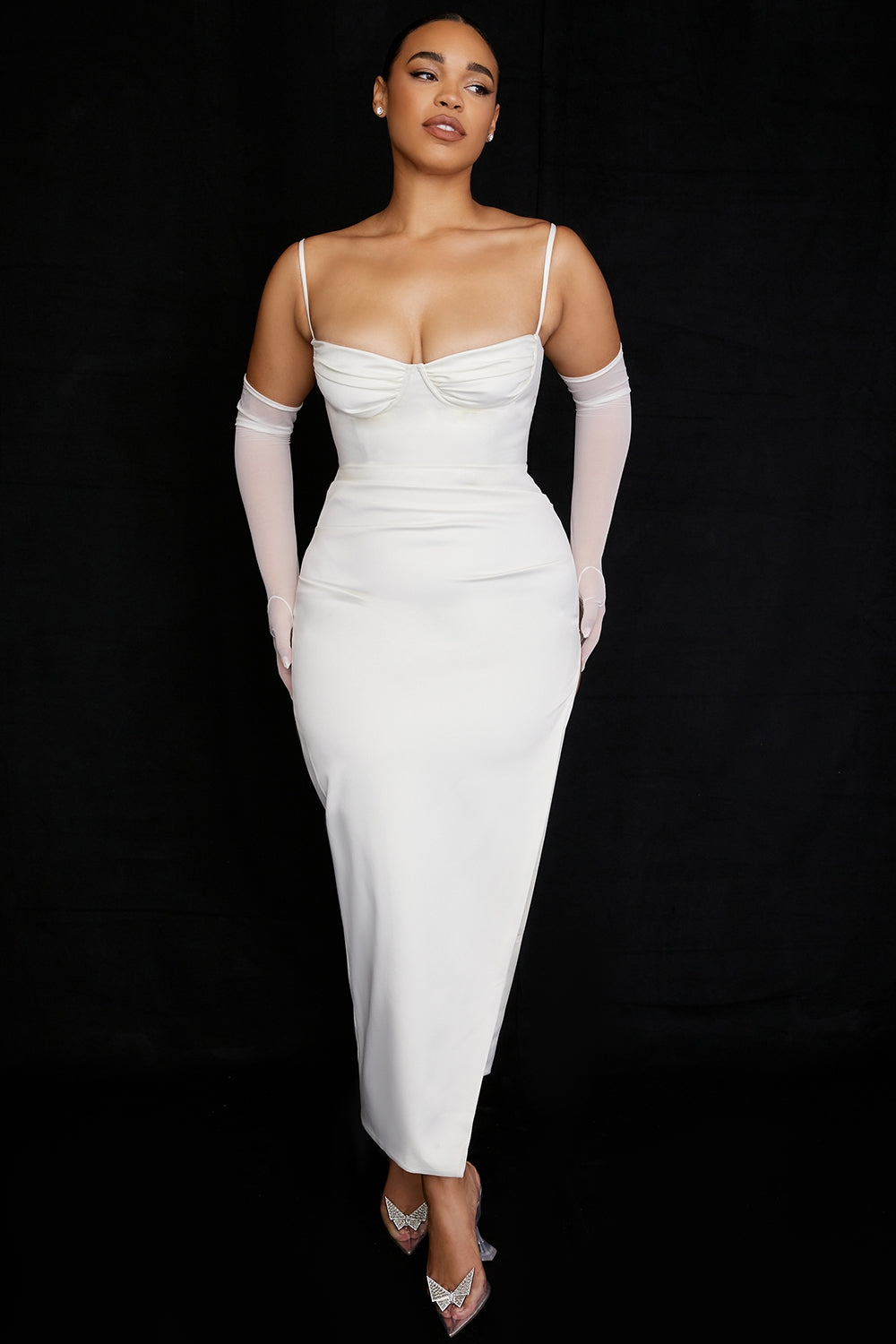 Satin Ruched Bust Spaghetti Strap High Split Midi Dress 6