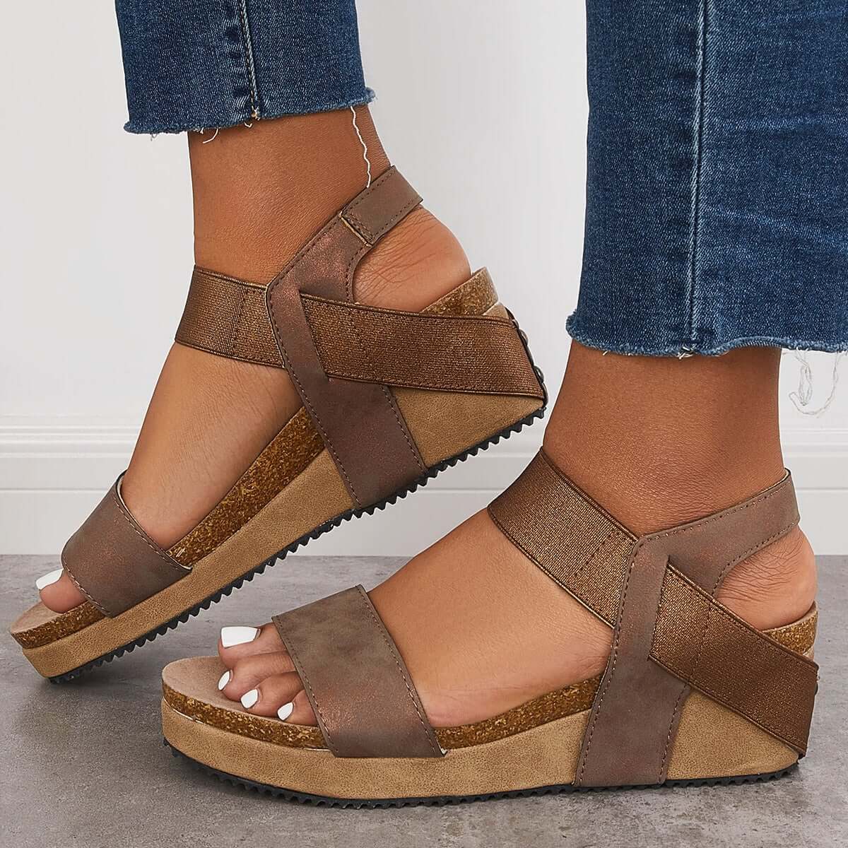 Open Toe Cork Footbed Platform Wedges Ankle Strap Sandals