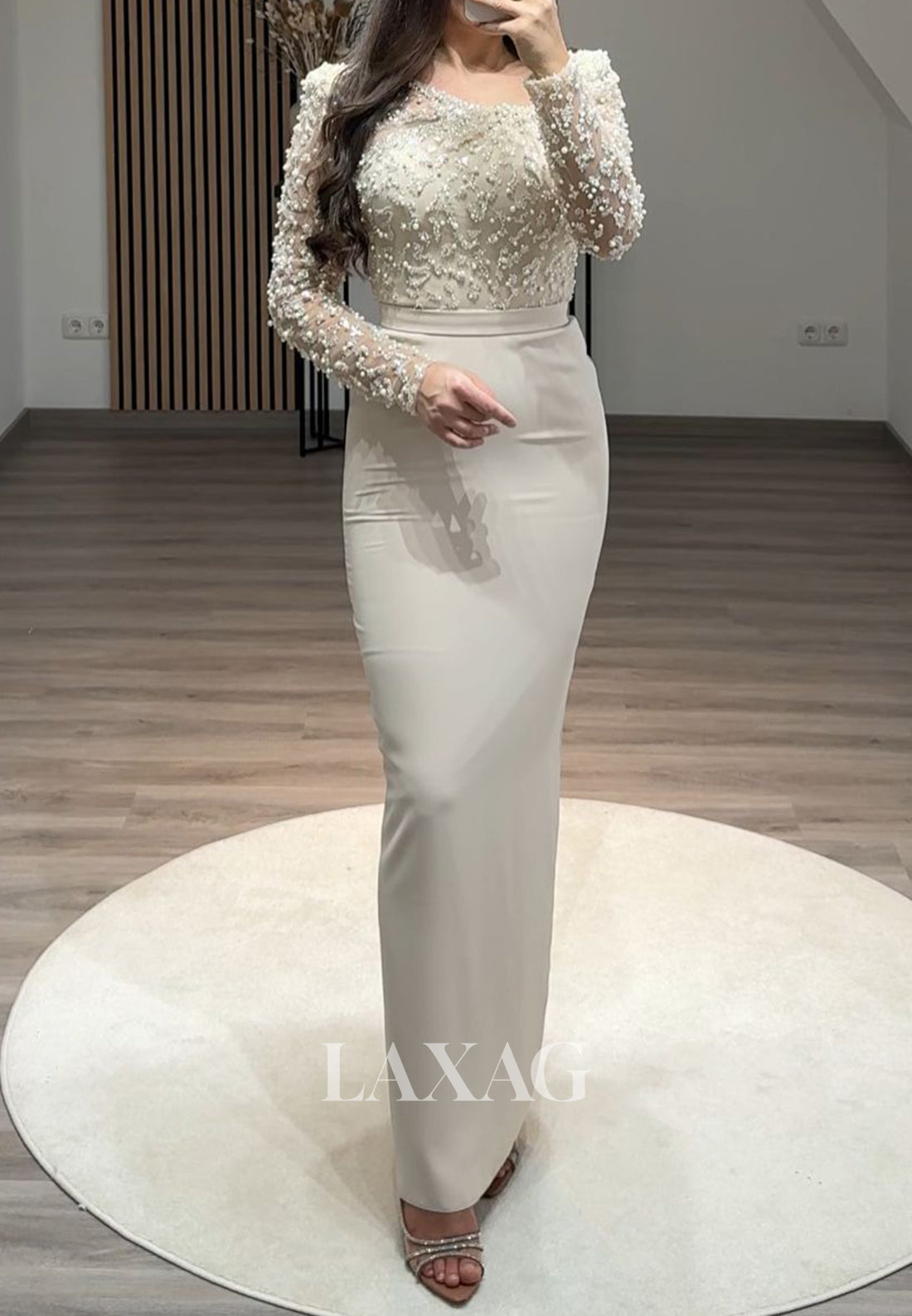 Scoop-Neck Beaded Sequined Floor-Length Party Gowns Long Sleeves Pleated Mermaid Prom Dress
