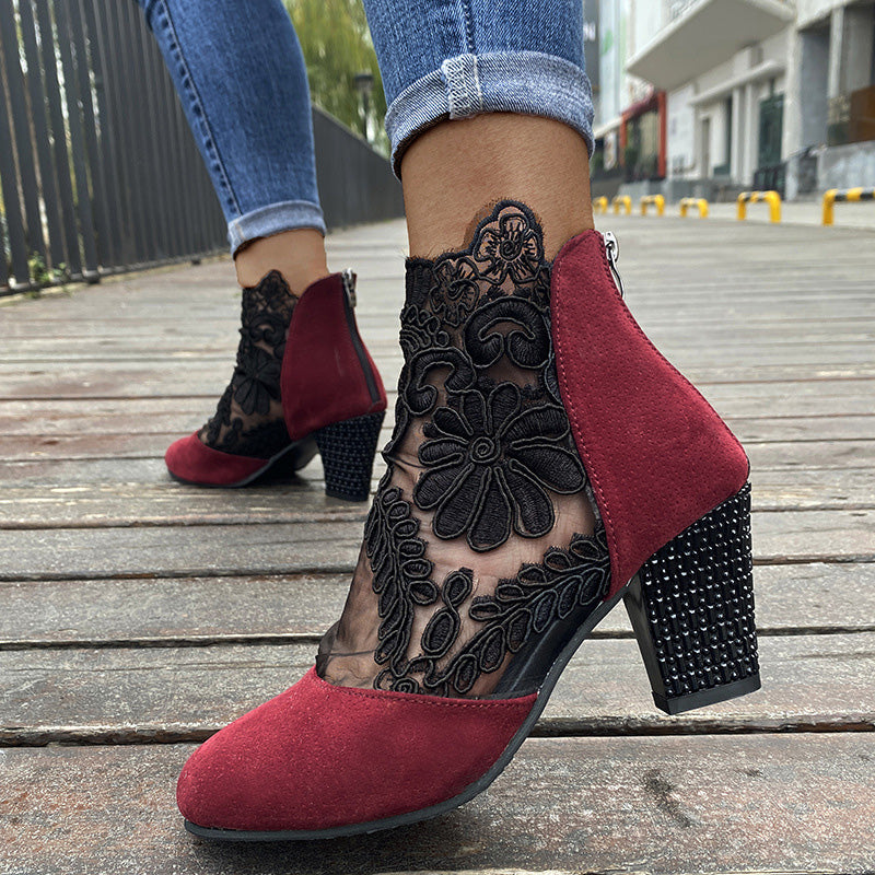 Floral Lace Mesh Rhinestone Block Heel Ankle Boots