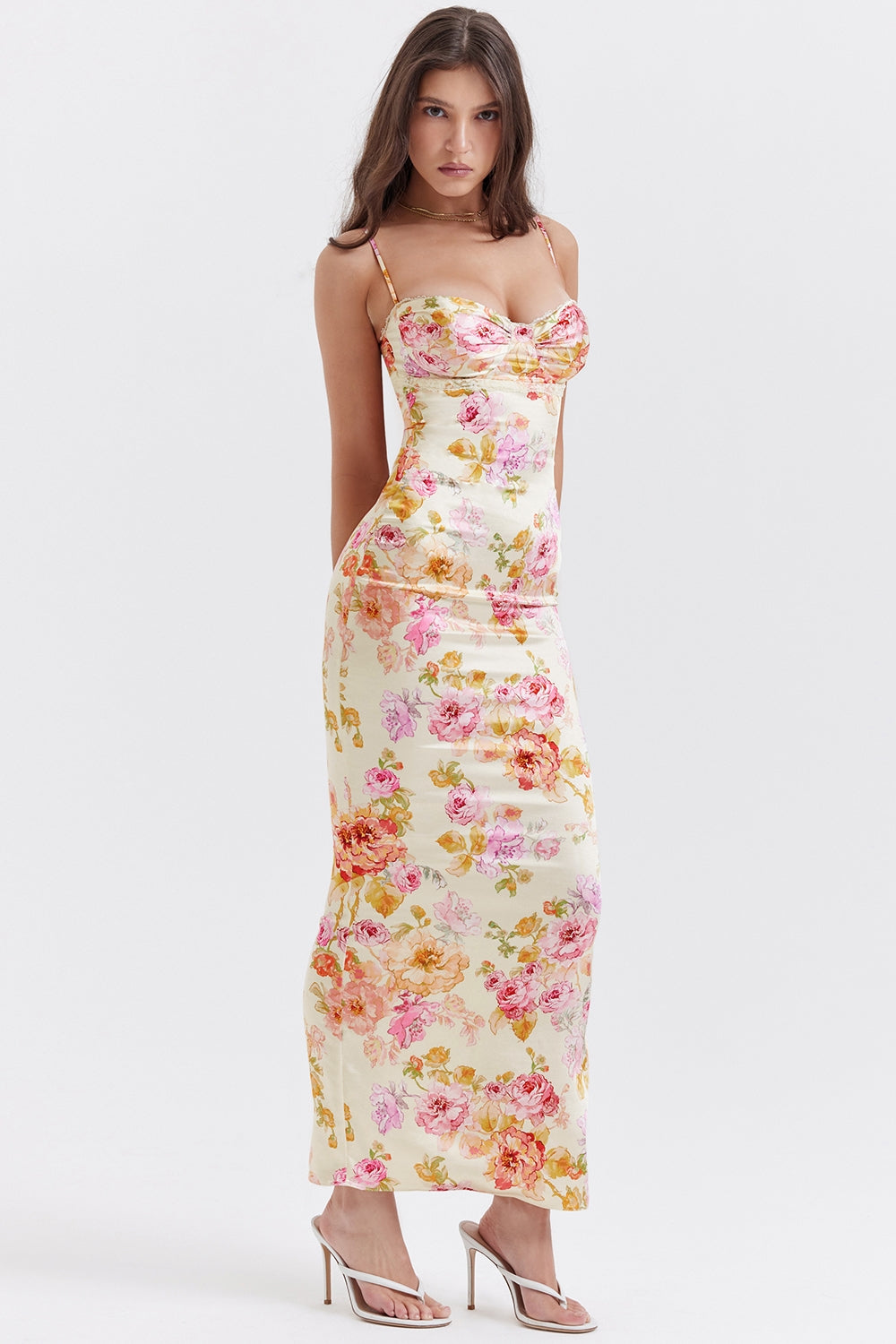 Floral Satin Sweetheart Ruched Bust Spaghetti Strap Maxi Dress 9