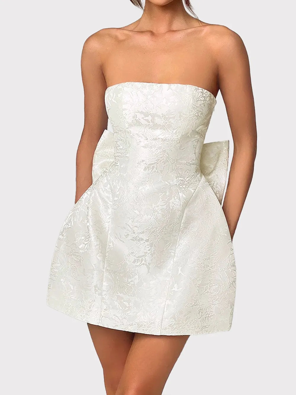 Jacquard Strapless Lace Up Back Oversized Bow Mini Dress 2