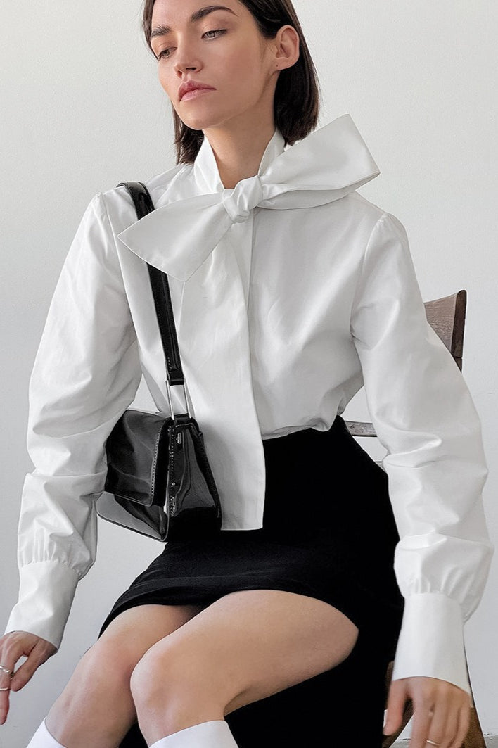 Bow Tie Neck Long Sleeve Pleated Cuff Poplin Blouse 2