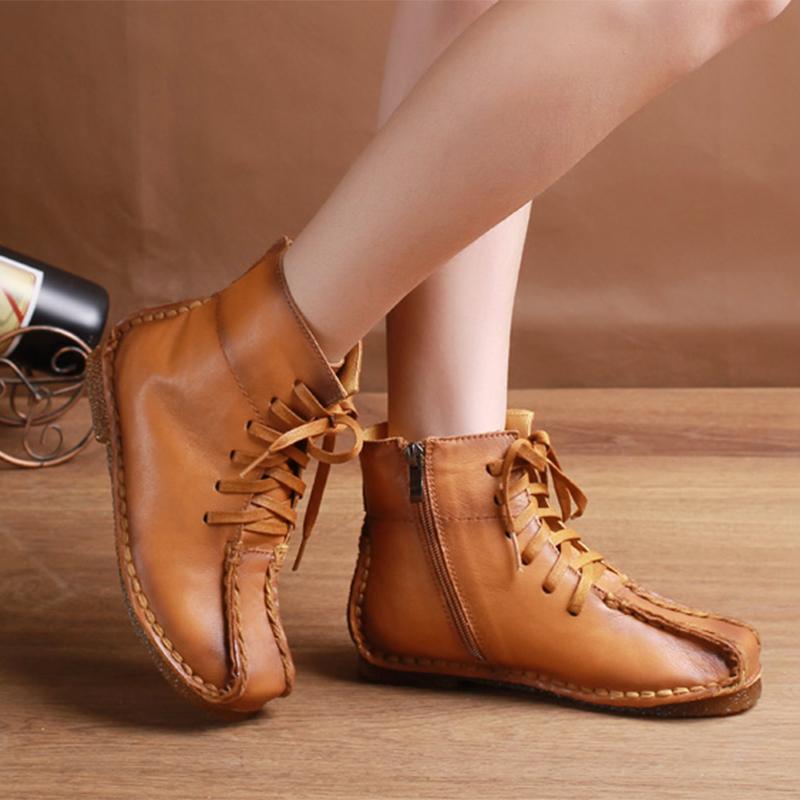 National Style Leather Short Boots For Women Lace Up Green/Black/Brown