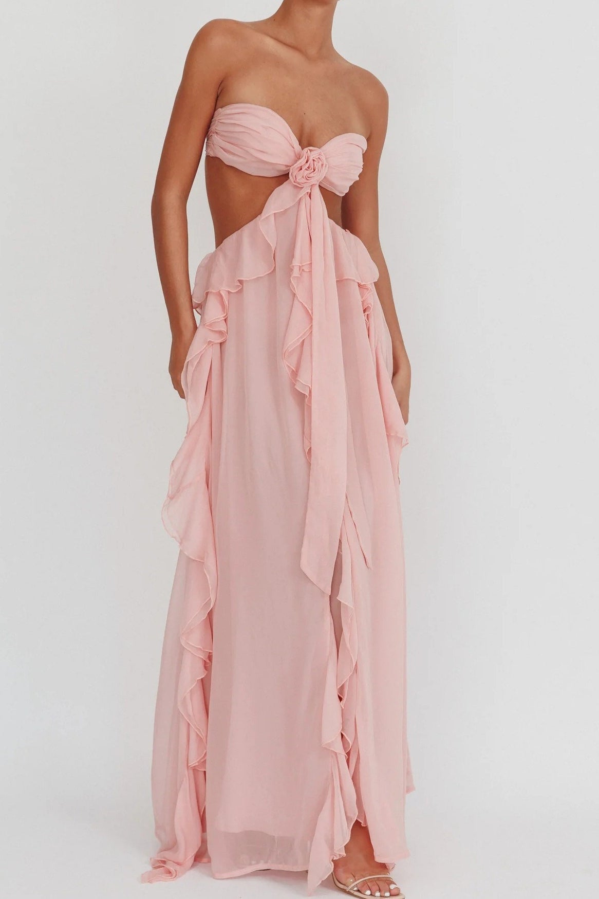 Strapless Chiffon Ruffle Rosette Cut Out High Split Maxi Dress