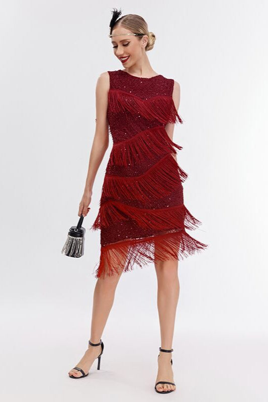 Sequin Beaded Tiered Fringe Sleeveless Shift Mini Cocktail Dress