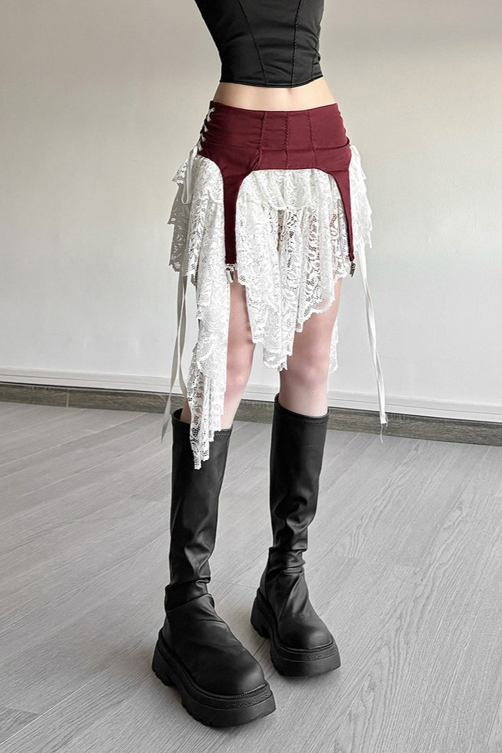 Lace Up Side Layered Lace Ruffle Asymmetric Hem Mini Skirt