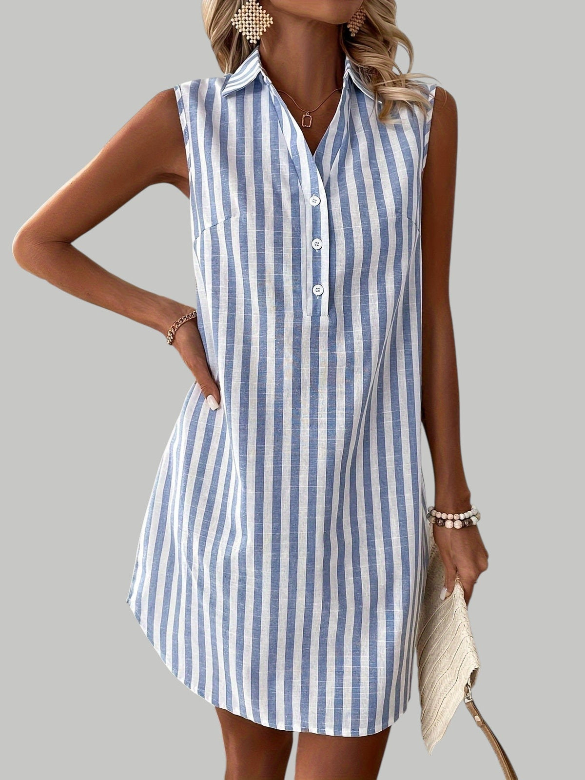 Striped Collared Sleeveless Button Front Shirt Dress