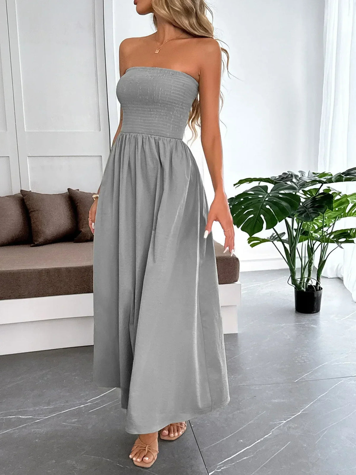Strapless Smocked Bodice A-Line Tube Maxi Dress 4
