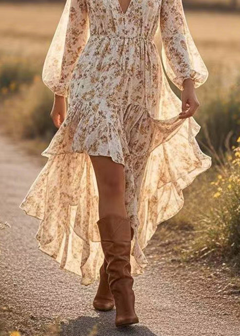 Floral Deep V-Neck Balloon Sleeve High Low Ruffle Tier Midi Dress