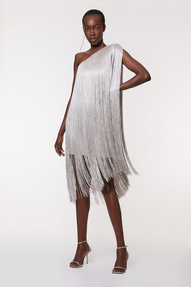 One Shoulder Fringe Overlay Bodycon Mini Cocktail Dress