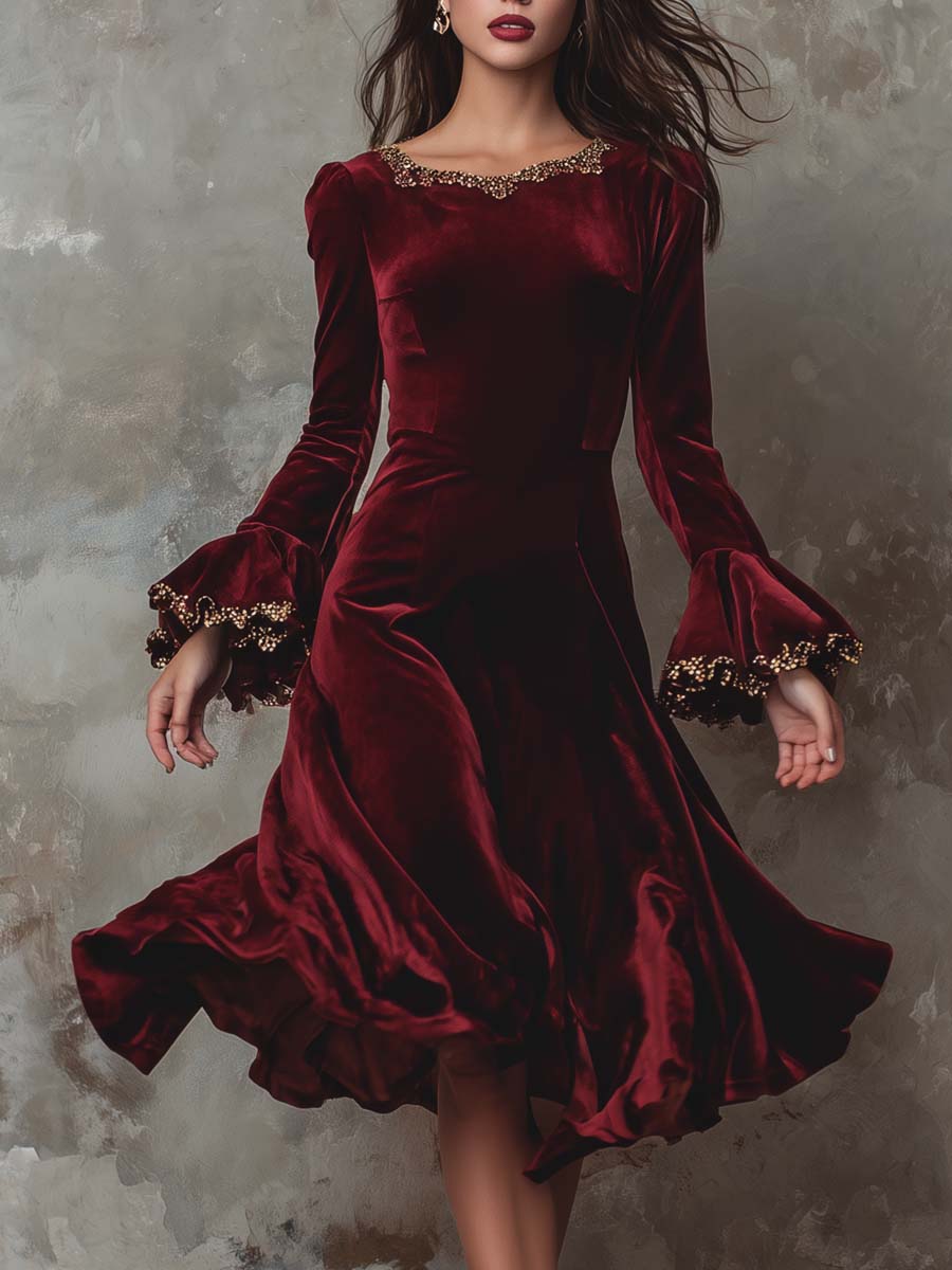 Vintage Gold Lace-trimmed Polyester Velvet Midi Dress - FashionAxe