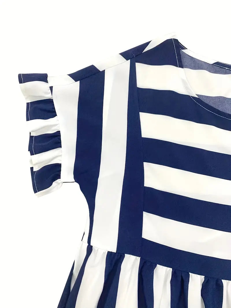 Navy Striped Summer Dress With Short Sleeves M / Black Navy Blue Striped Dress