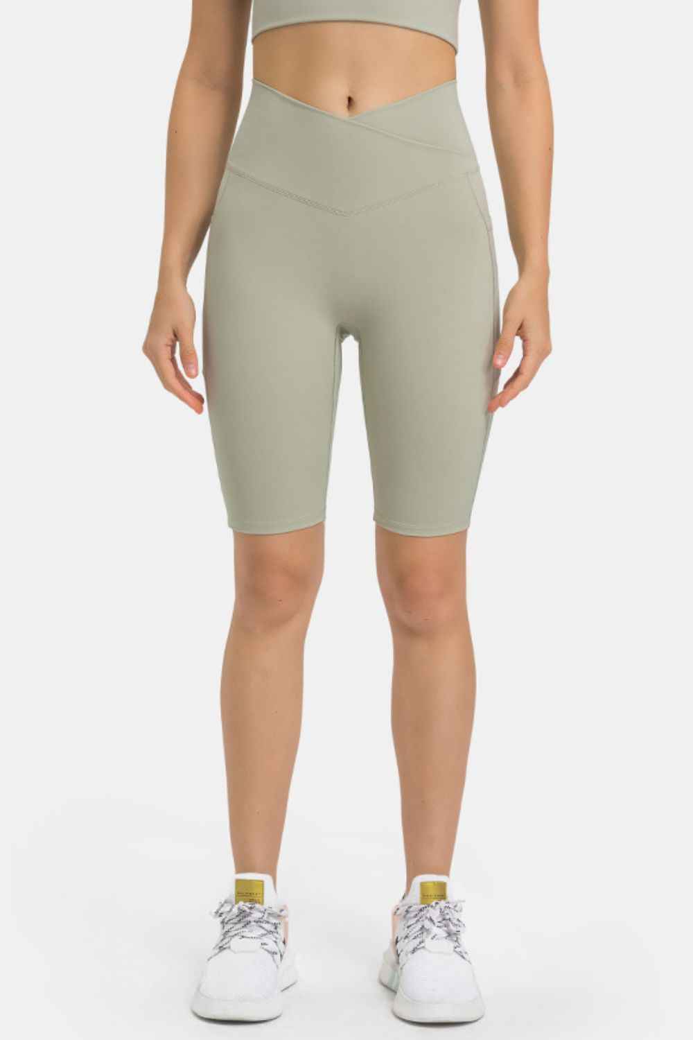 Crossover High Waist Side Pocket Knee Length Biker Shorts 8