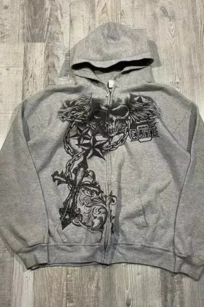 Skull Wing Cross Chain Graphic Print Zip Front Hoodie