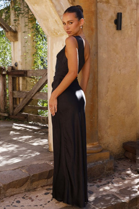 Satin One Shoulder Ruched High Split Slim Maxi Prom Dress
