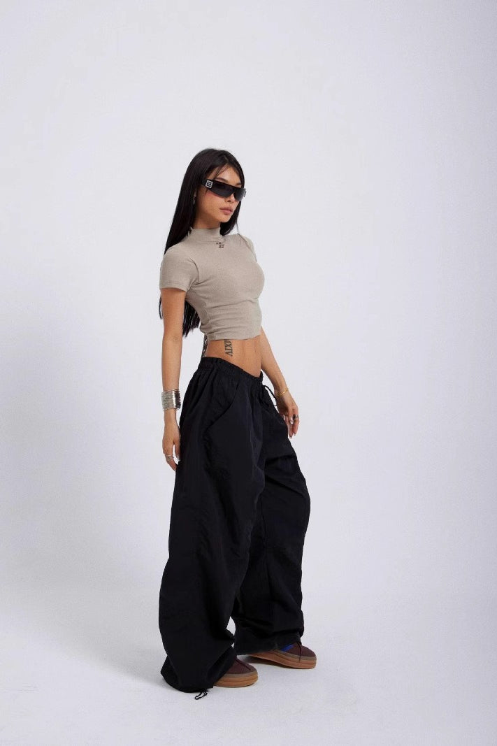 Low Rise Drawstring Hem Baggy Wide Leg Parachute Pants