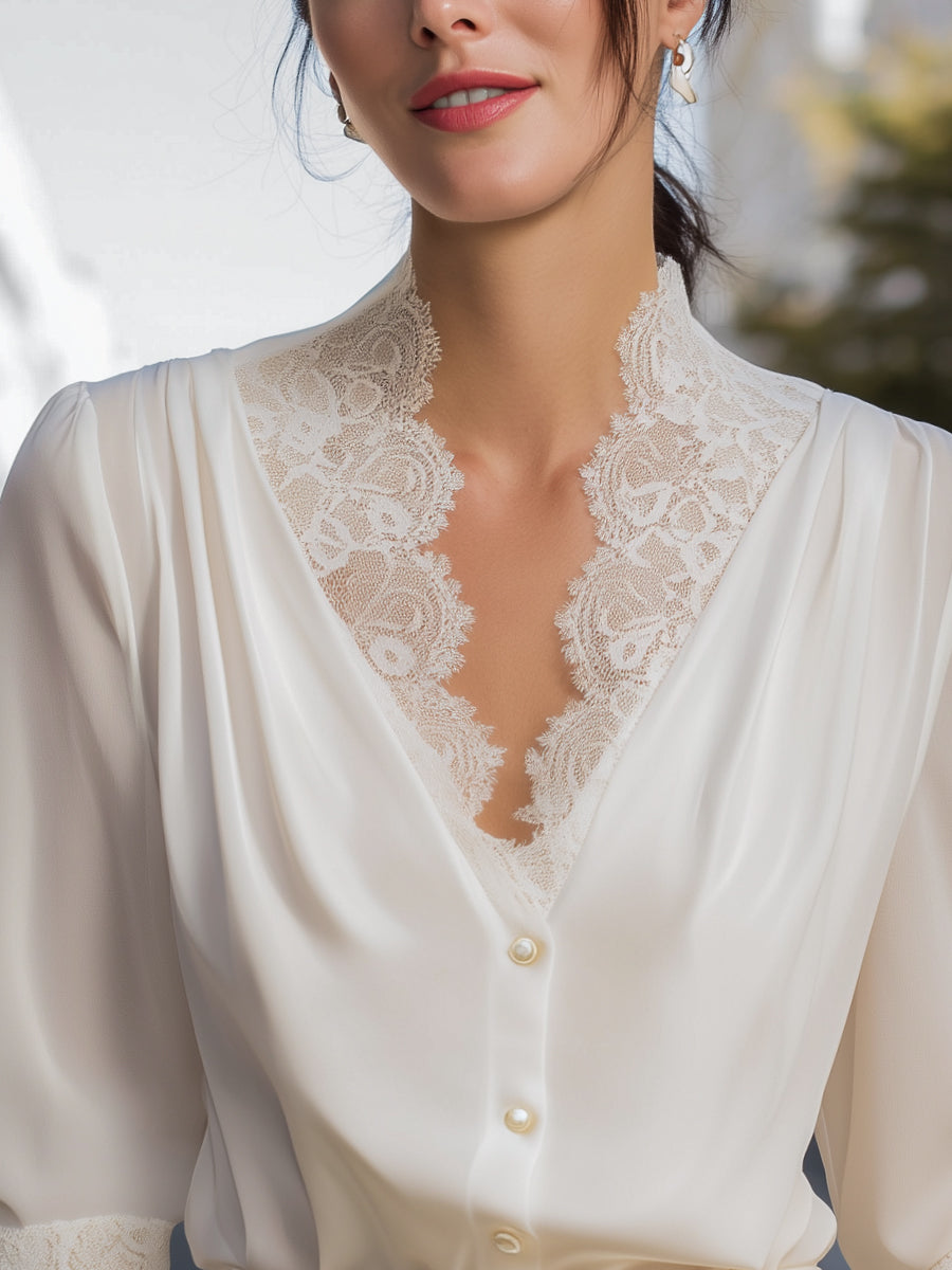 Lace Trim V-Neck Button Front Blouse