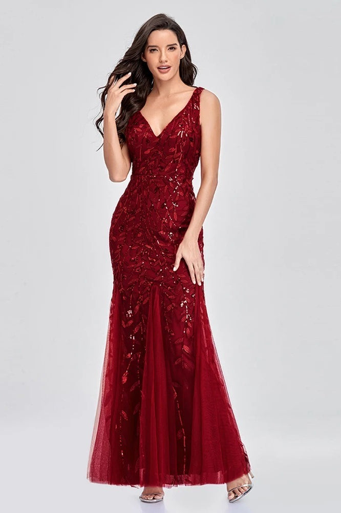 Sequin V-Neck Embroidered Mermaid Maxi Prom Dress