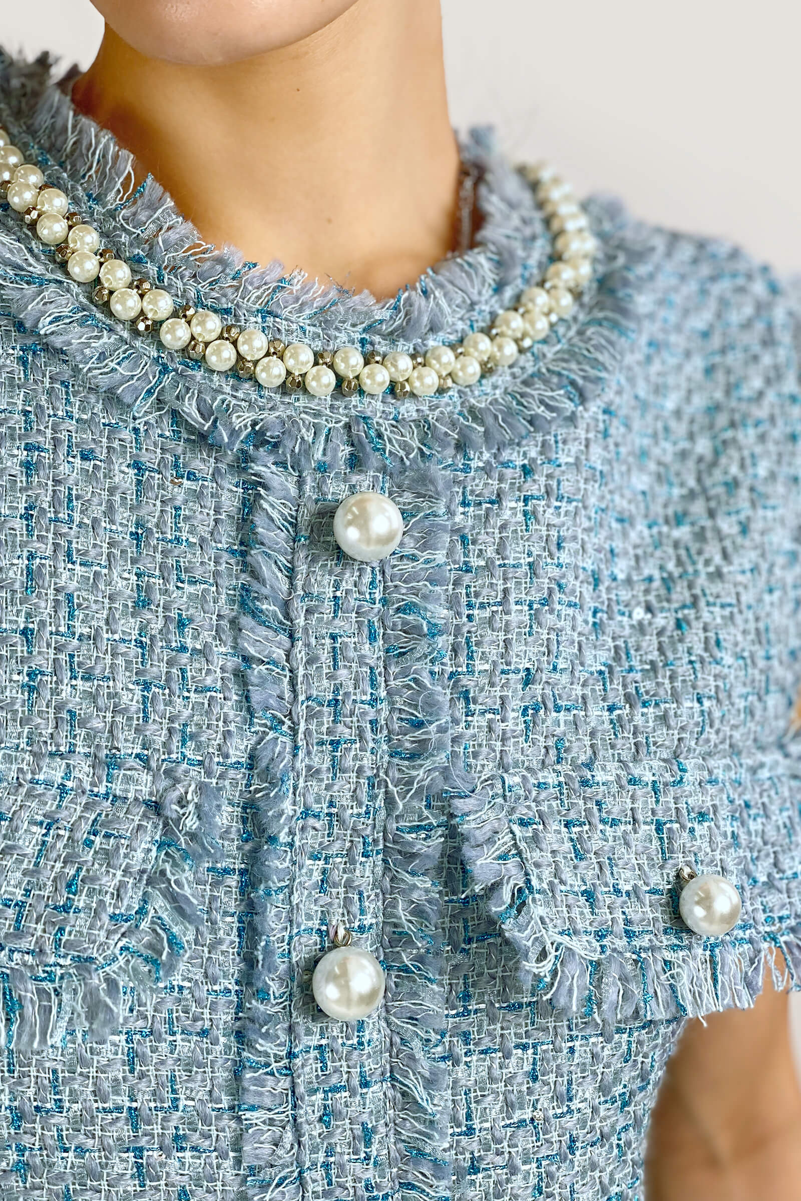 Pearl Collar Raw Fringe Trim Tweed Sleeveless Mini Dress