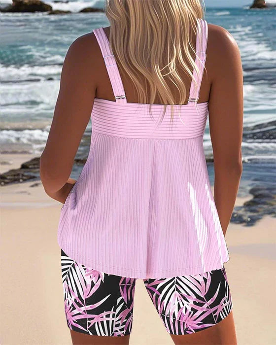 Ribbed Sweetheart Tankini Top and Tropical Print Shorts Swim Set