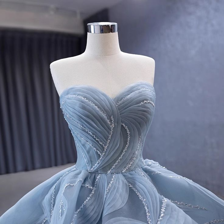 High-End Blue Beading Tulle Cascading Ruffles Prom Dress New Ball Gown cc1768