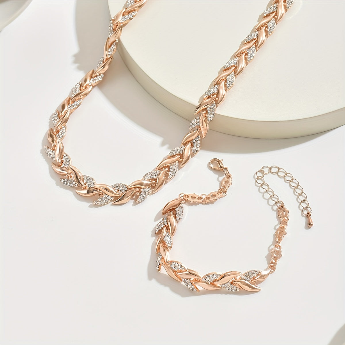 Rhinestone Leaf Link Necklace and Bracelet Set
